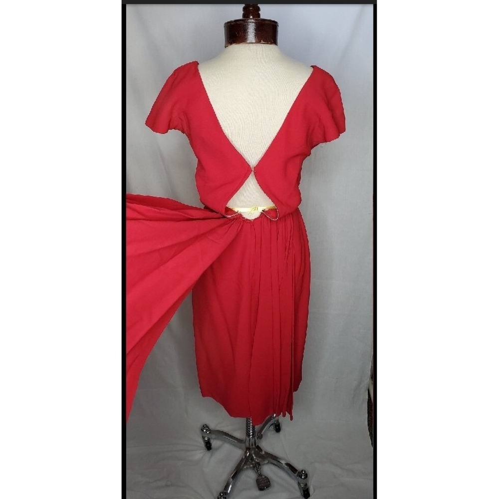 Vintage 1950s  Lipstick red dress with V-neck Draped Waist Shash Cocktail Dress - Picture 6 of 6